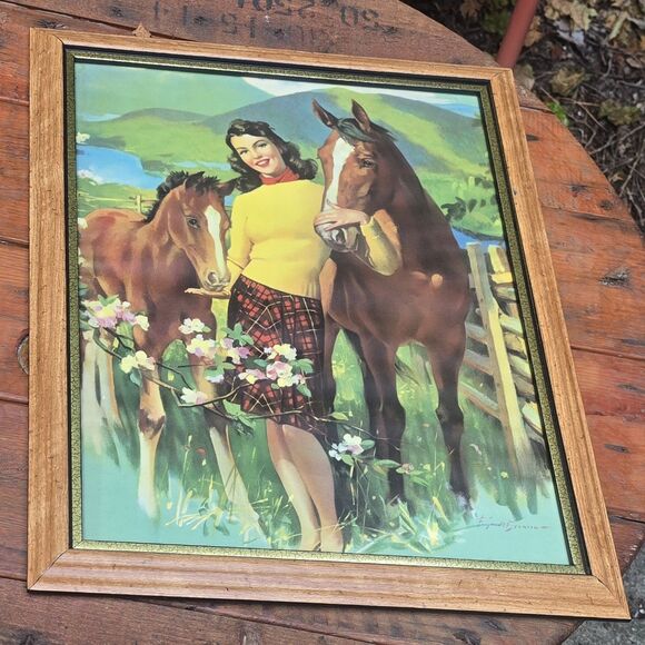 Frederick Sands Brunner Brunette w/ Colt & Mare Framed Vintage 1940s Print - Picture 2 of 4